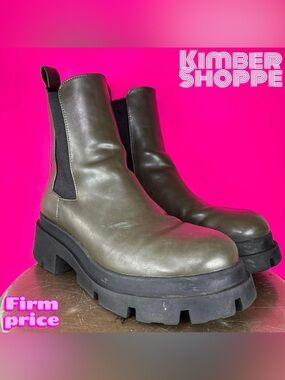 Zara Green Faux Leather Chunky Lug Sole High Ankle Boot EU 38
